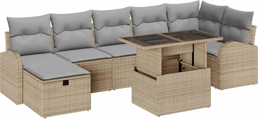 vidaXL Kerti Kanapé Szett párnával tárolóval 8 pcs Bézs Poli rattan