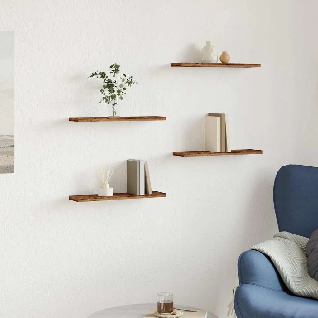 4 db antik fa színű szerelt fa fali polc 40 x 20 x 1,5 cm