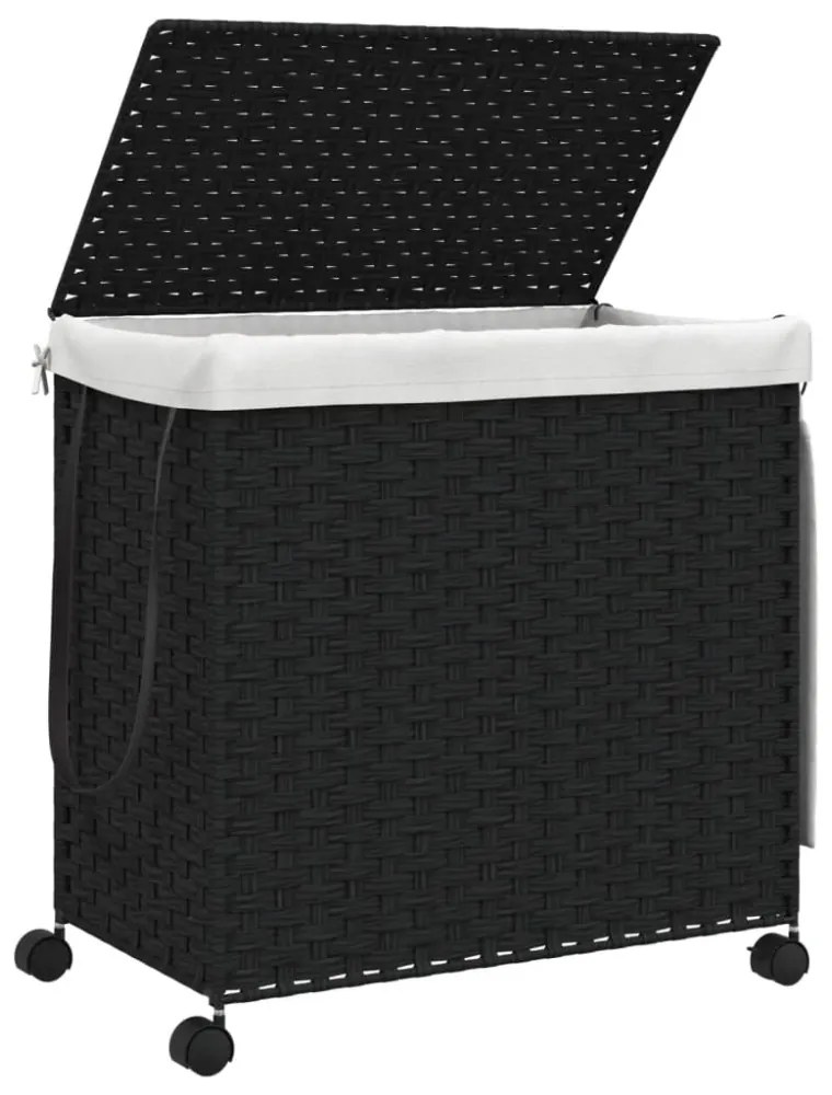 fekete rattan szennyeskosár kerekekkel 60x35x60,5 cm