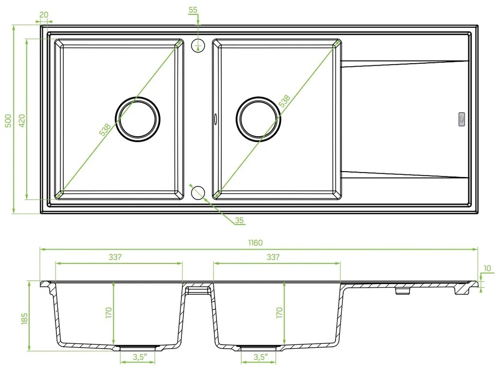 Laveo Megalo, 2 kamrás gránit mosogató 1160x500x185 mm hosszú vízelvezetővel, szürke, LAV-SBE_521T