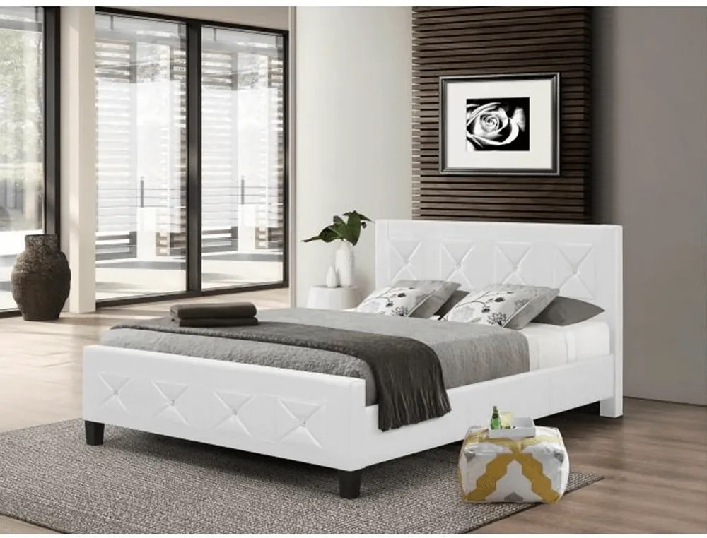 Dupla ágy ágyráccsal, textilbőr fehér, 160x200, CARISA