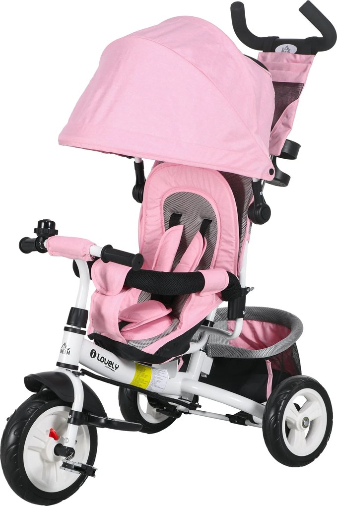 HOMCOM Gyerek Tricikli Evolúciós Tricikli Ülés Napernyővel, Kihajtható és Leválasztható Szülői Fogantyúval, Anyuka Táskával és Pohártartóval 102x49x10