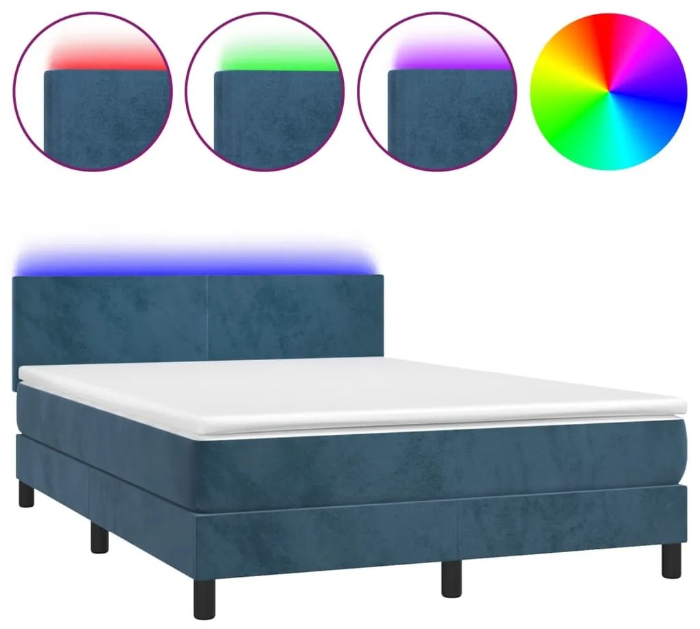 sötétkék bársony rugós és LED-es ágy matraccal 140x190 cm