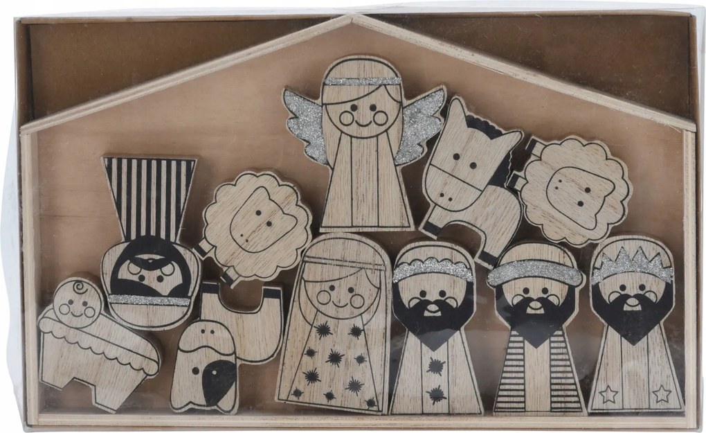 Fa betlehem, 11 darabos szett, 285x173x20mm, ezüst részletekkel