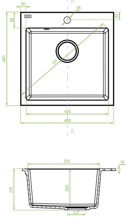 Laveo Alena, 1 kamrás gránit mosogató 490x490x215 mm, szürke, LAV-SBA_510T