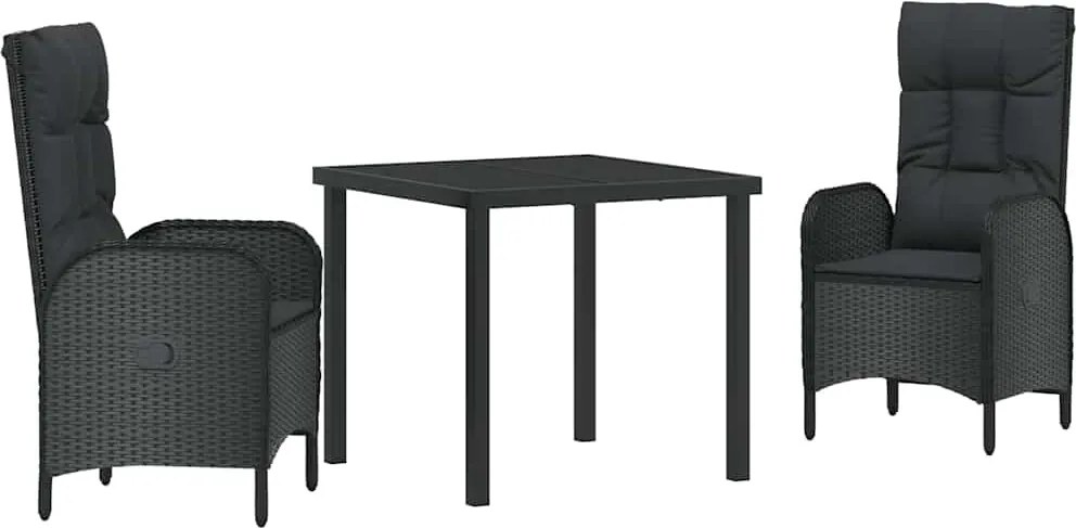vidaXL Kert étkező szett párnával 3 pcs Fekete polirattan