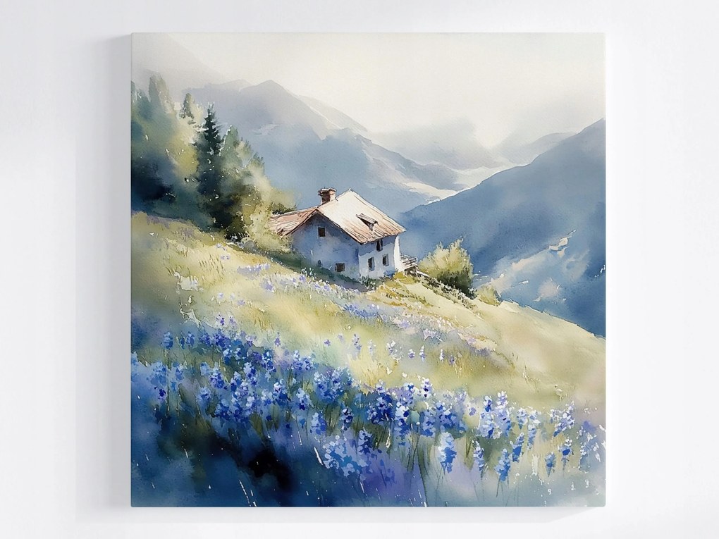 Poszter Tájkép Hegyek Házikó Terasz Kilátás Rét Virágok 40x40