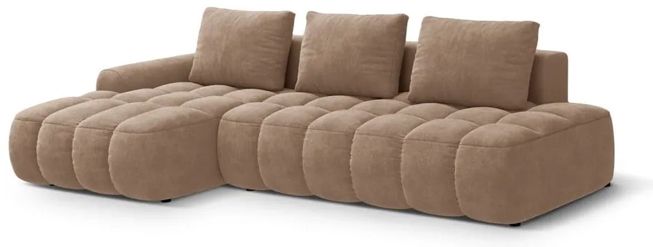 Világosbarna bársony kinyitható-tárolóhelyes sarokkanapé (bal oldali-heverő résszel) Linz – Cosmopolitan Design