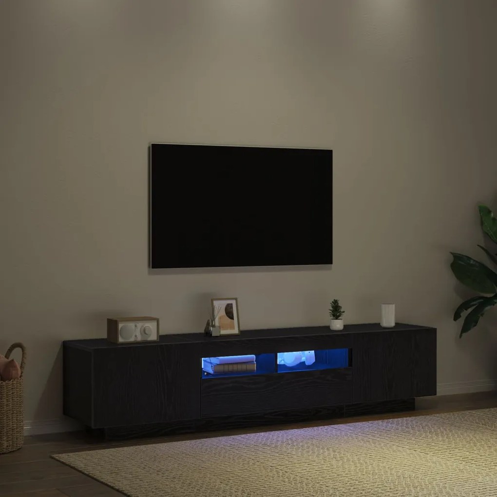 TV szekrény LED fényekkel fekete tölgy színben, 180x35x40 cm, mérnöki fa