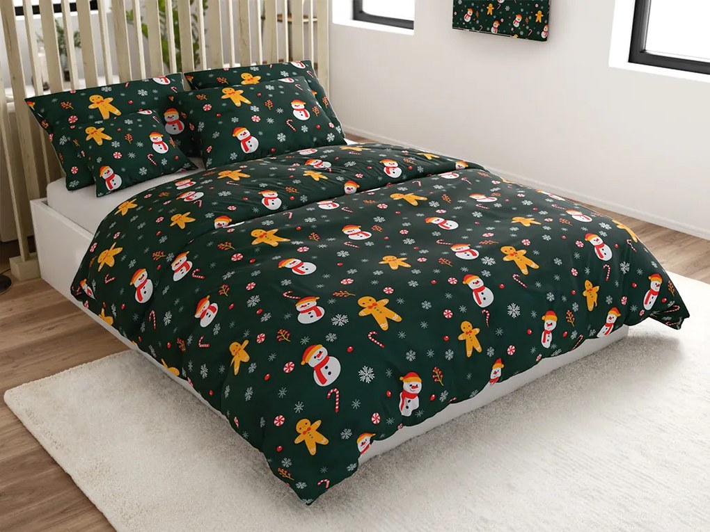 Polipamut ágynemű SNĚHULÁK ÉS MÉZESKALÁCS POLY zöld Ágyneműhuzat mérete: 2 db 70 x 90 cm | 200 x 220 cm