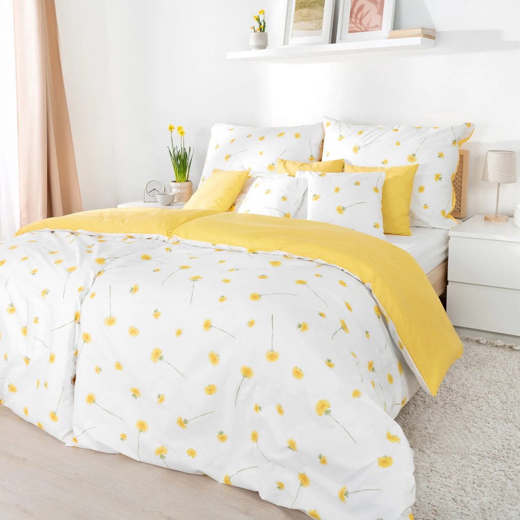 Goldea pamut ágyneműhuzat duo - pitypangok, sárga hátoldal 140 x 200 és 70 x 90 cm