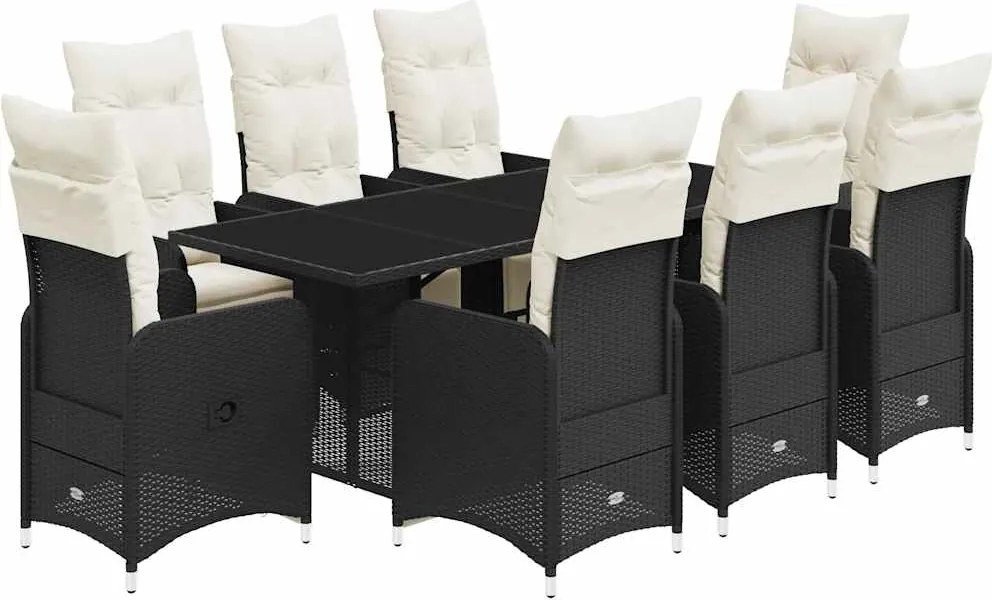 vidaXL 9 részes fekete polyrattan kerti bisztrógarnitúra párnákkal
