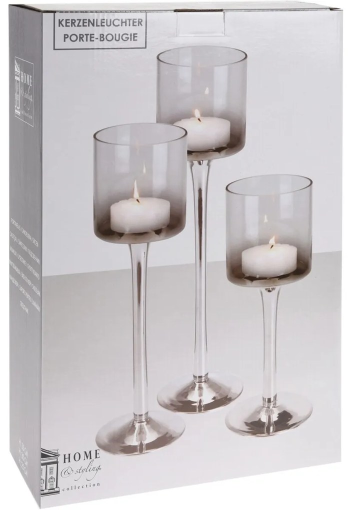 Home&styling gyertyatartó szett, 3 db,szürkés-ezüstös üveg