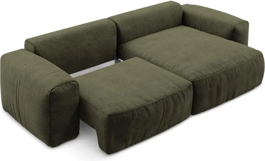 Zöld zsenília kinyitható sarokkanapé (jobb oldali-heverő résszel) Kuki – Makamii