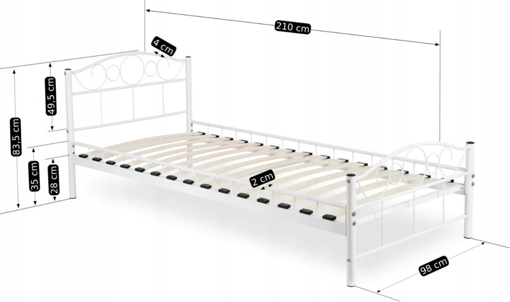 Fém ágy 90x200 cm méretben, fehér színben GRIFFIN