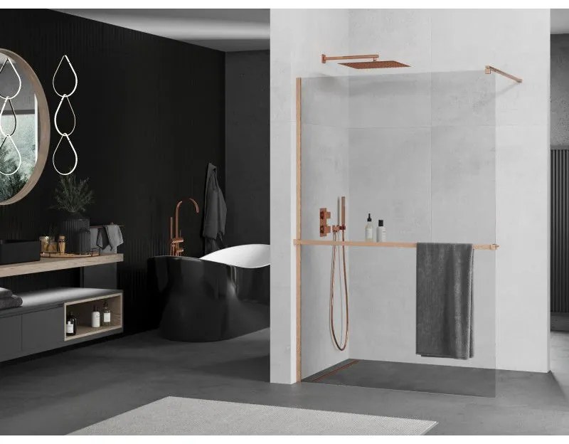 Mexen Kioto+, Walk-In zuhanyparaván polccal és akasztóval 75 x 200 cm, 8mm átlátszó üveg, réz matt profil, 800-075-121-65-00