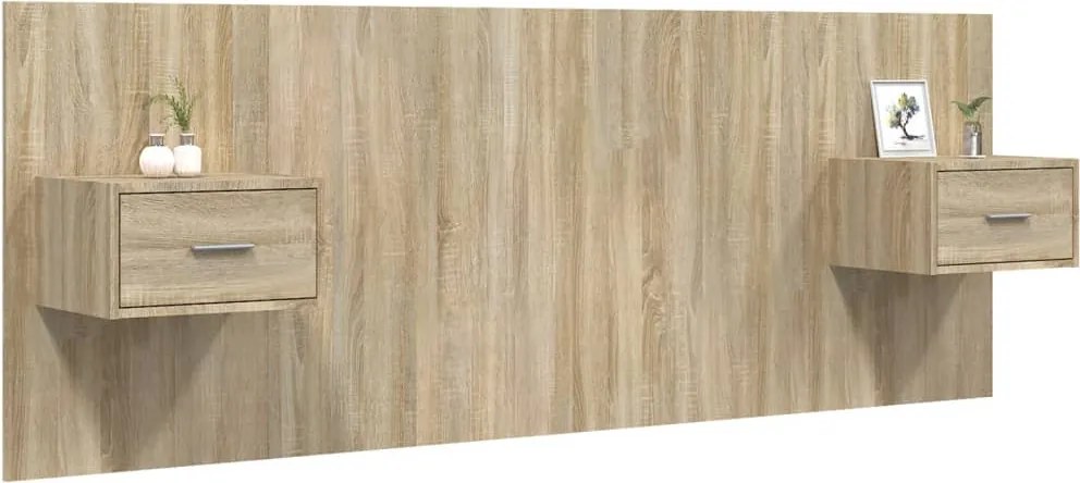 sonoma tölgyszínű szerelt fa ágyfejtámla szekrényekkel