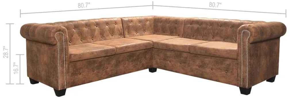 5 személyes barna műbőr Chesterfield sarokkanapé