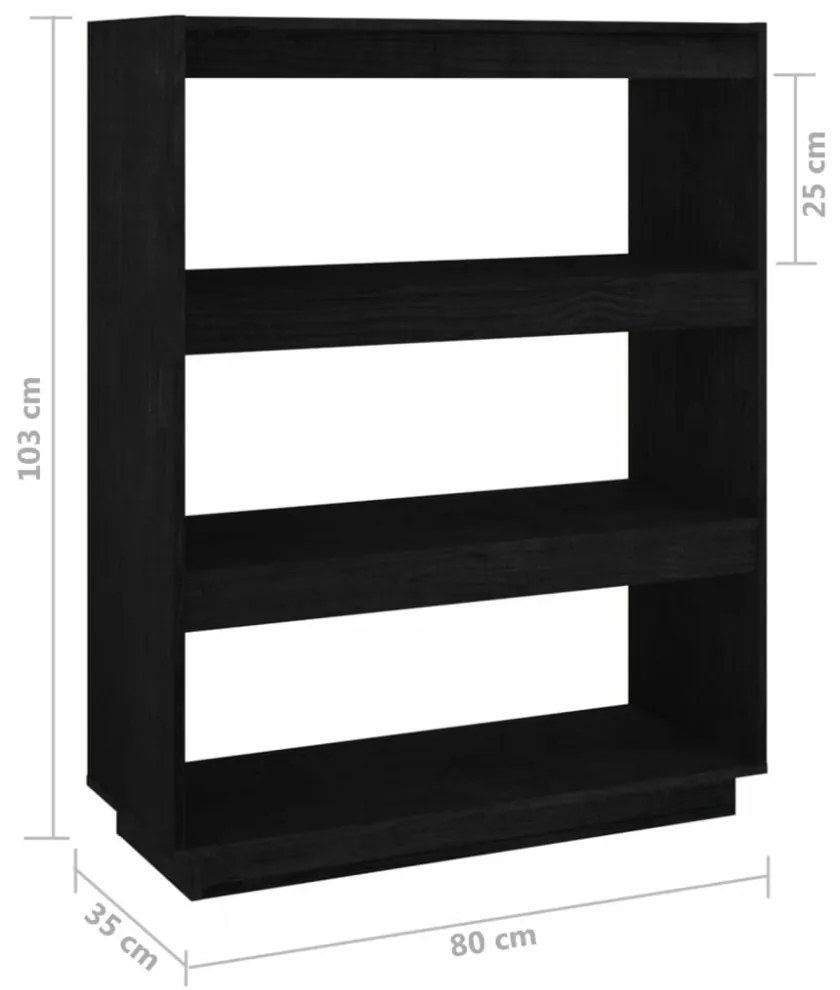 fekete tömör fenyőfa könyvszekrény/térelválasztó 80x35x103 cm