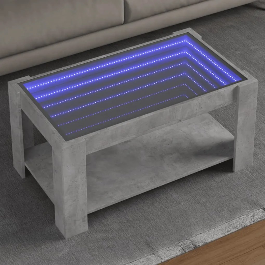 Betonszürke szerelt fa dohányzóasztal LED-del 93 x 53 x 45 cm