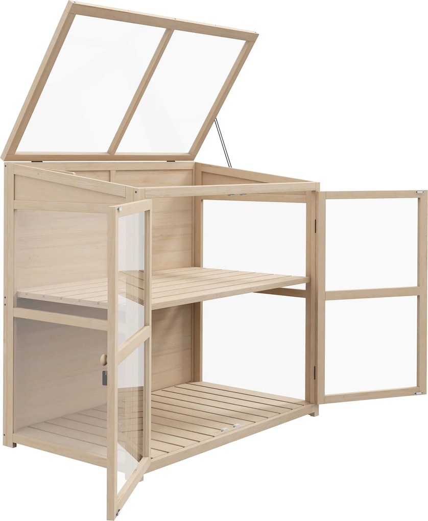 Outsunny Fa Hidegkeret Üvegház, 2-Szintes Kert Üvegház Dupla Ajtóval, Tető Ablakkal, Szélálló Emelt Ágyás, Kerthez, Erkélyhez, Természetes, 103 x 61 x