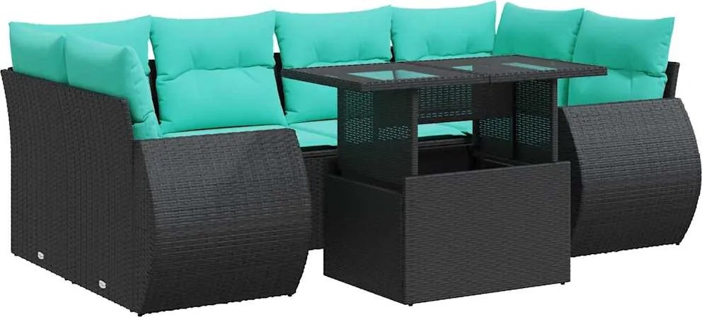 vidaXL 7 részes fekete polyrattan akácfa kerti ülőgarnitúra párnával