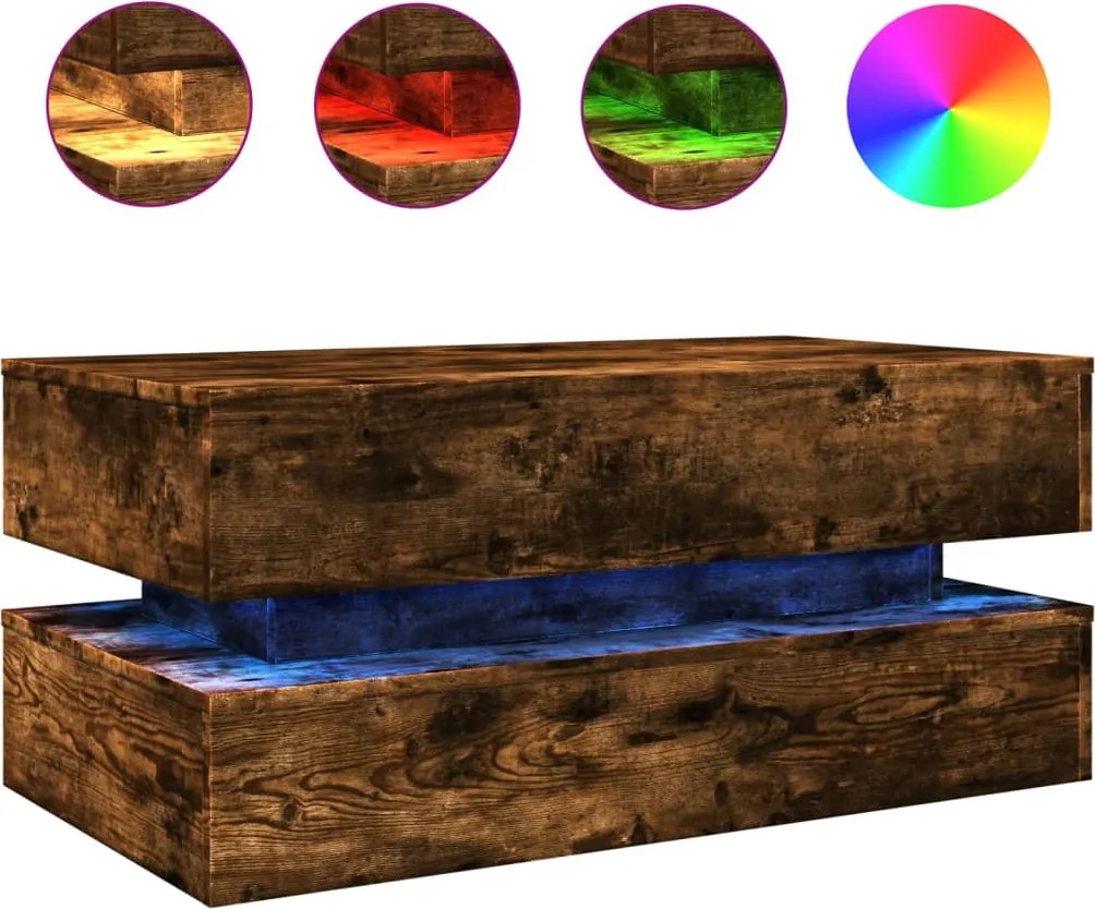 vidaXL füstös tölgy színű dohányzóasztal LED-lámpákkal 90x50x40 cm