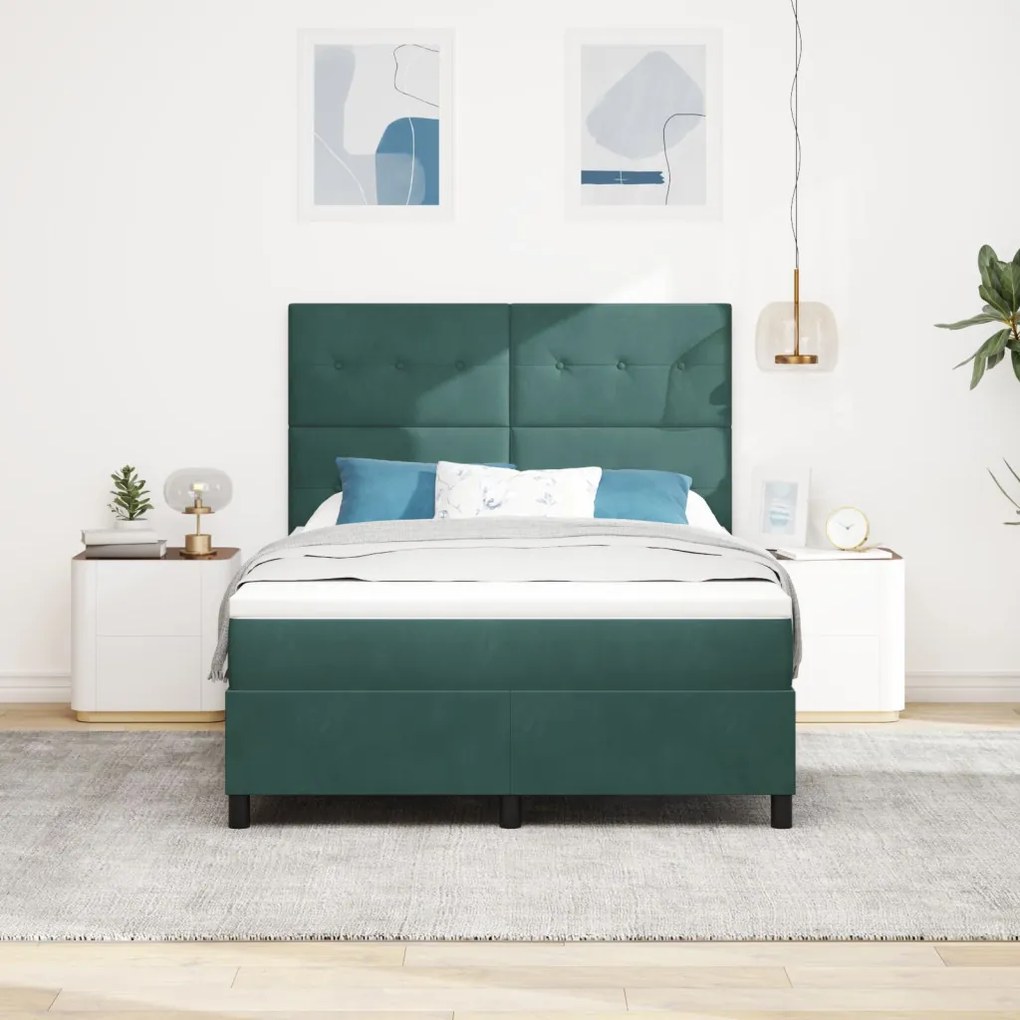 Boxspring Ágy Matrac Sötét Zöld 140x190 cm Bársony