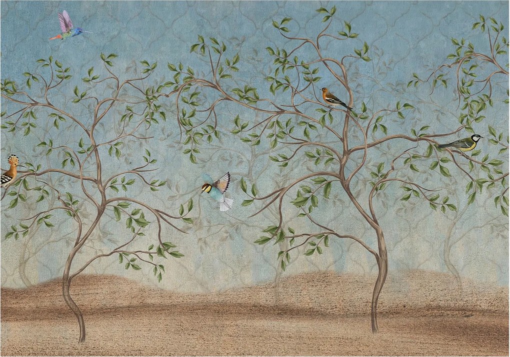 Flizelin tapéta Fali furnér 3D hatás Madarak a fákon 208x146 Ragasztó