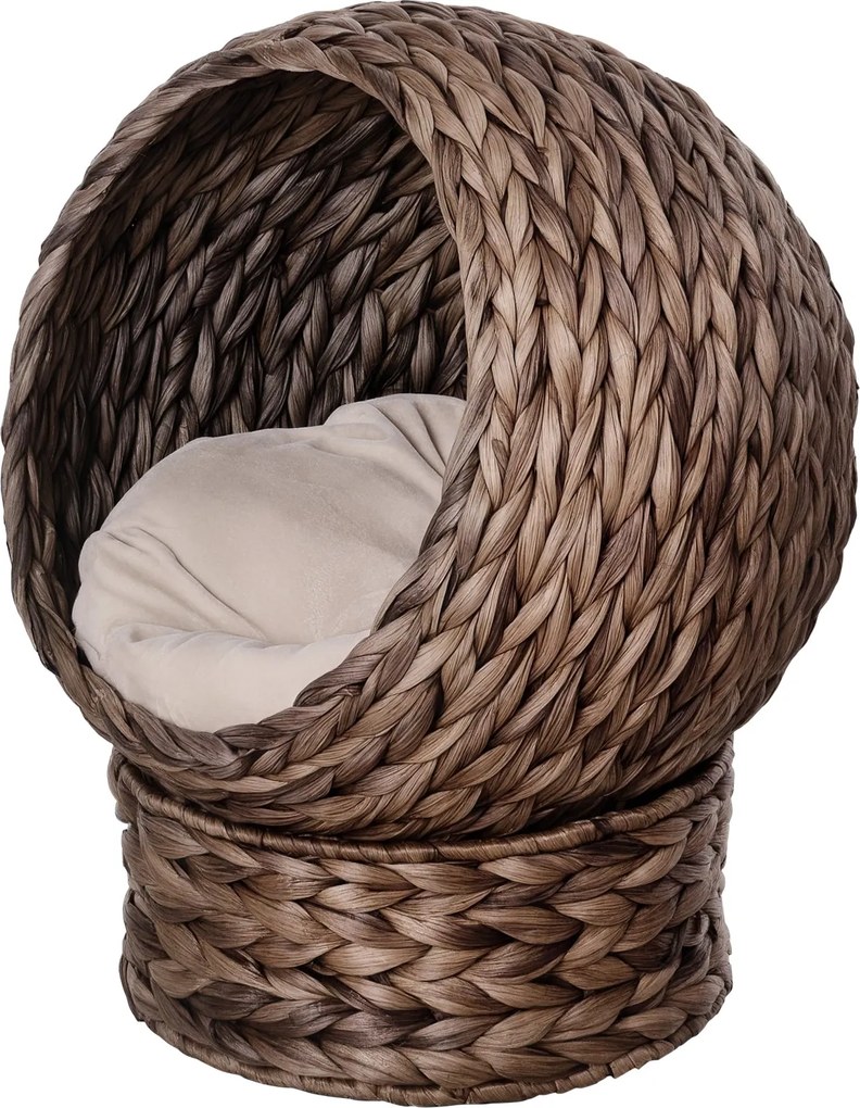 PawHut Rattan Macska Kosár Macska Domború Macska Ház Macska Ágy Párnával Vízi Nád Kávé 50 x 42 x 60 cm | Aosom