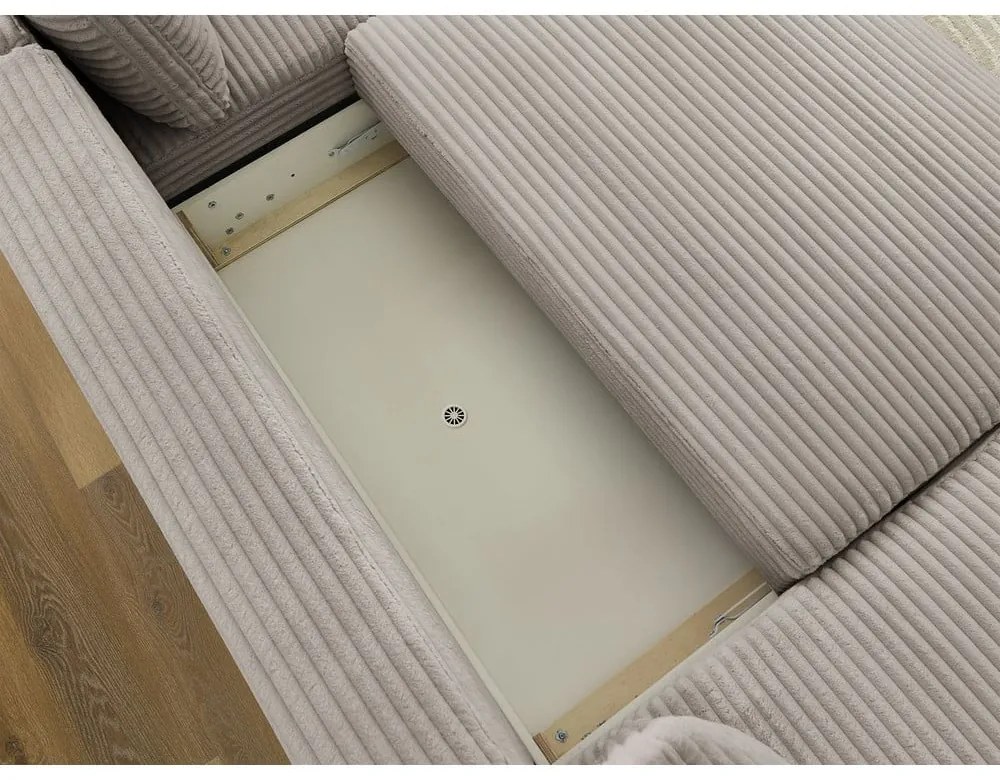 Világosszürke-bézs kordbársony kinyitható-tárolóhelyes sarokkanapé (jobb oldali-U alakú) Lucien – Bobochic Paris