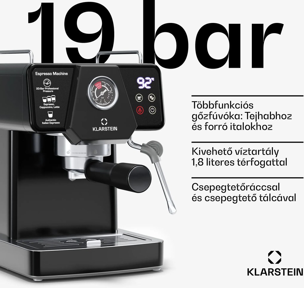 Klarstein Libeica karos kávéfőző, 1350 W, 19 bar, érintéses vezérlés, rozsdamentes acél, nyomás és hőmérséklet jelző