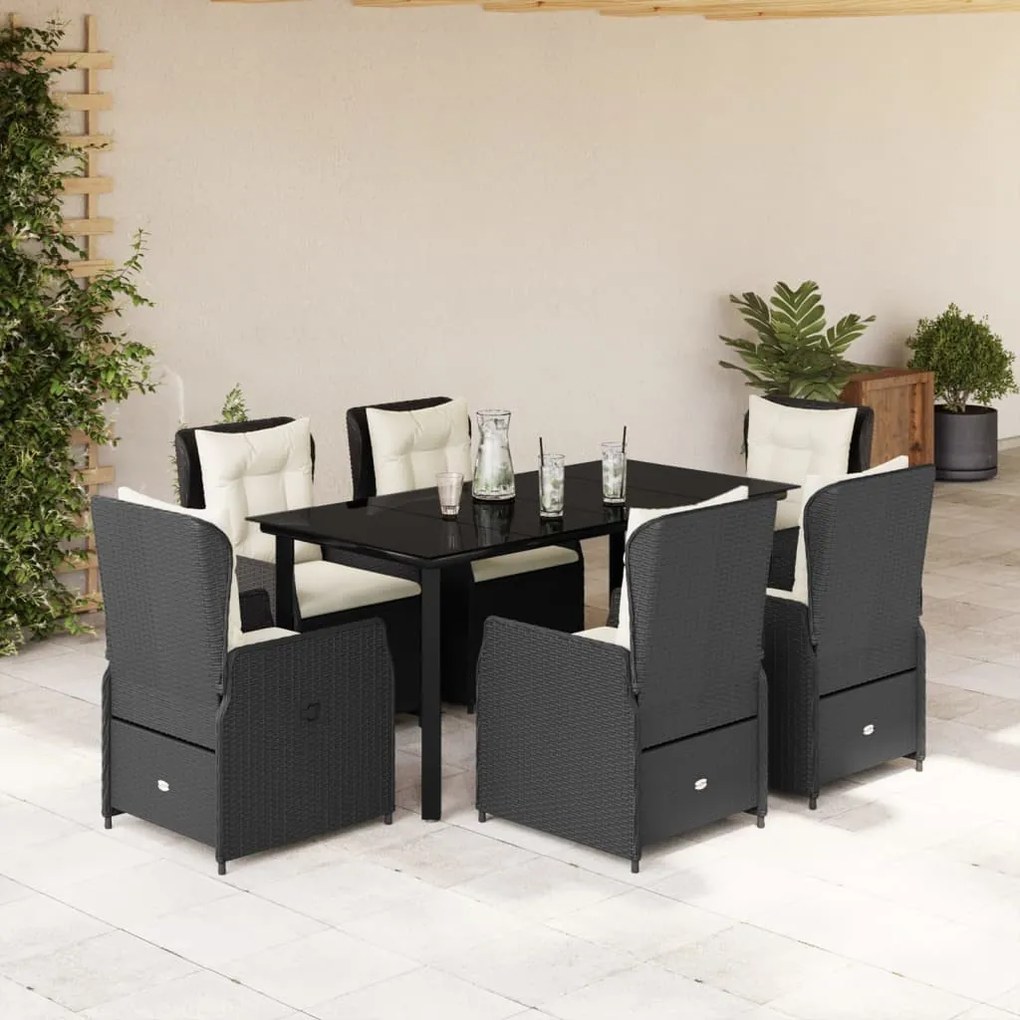 7 részes fekete polyrattan kerti étkezőgarnitúra párnával