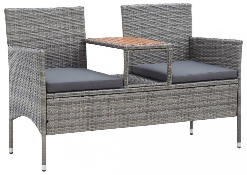 kétszemélyes szürke polyrattan kerti pad teázóasztallal 143 cm