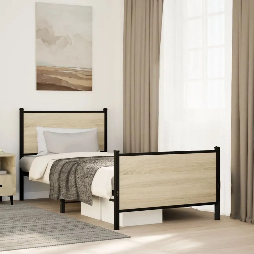 sonoma tölgy színű fém ágykeret matrac nélkül 90 x 200 cm
