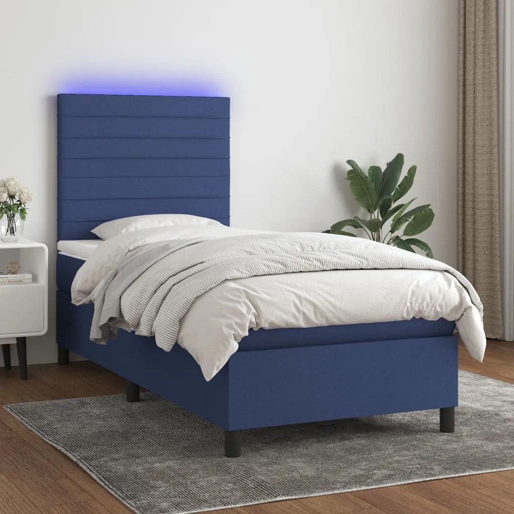 kék szövet rugós és LED-es ágy matraccal 80 x 200 cm