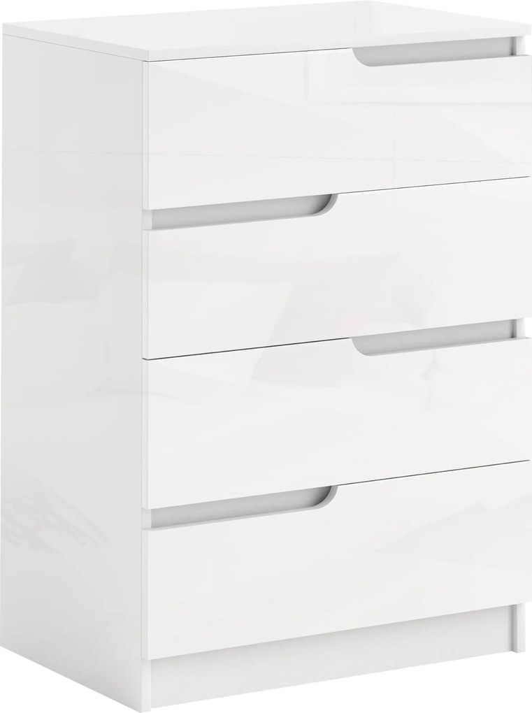 HOMCOM Komód 4 Fiókkal, Oldalfiókos Szekrény, Modern Dizájn, Magas Fényű Fehér, 60 x 40 x 85 cm | Aosom