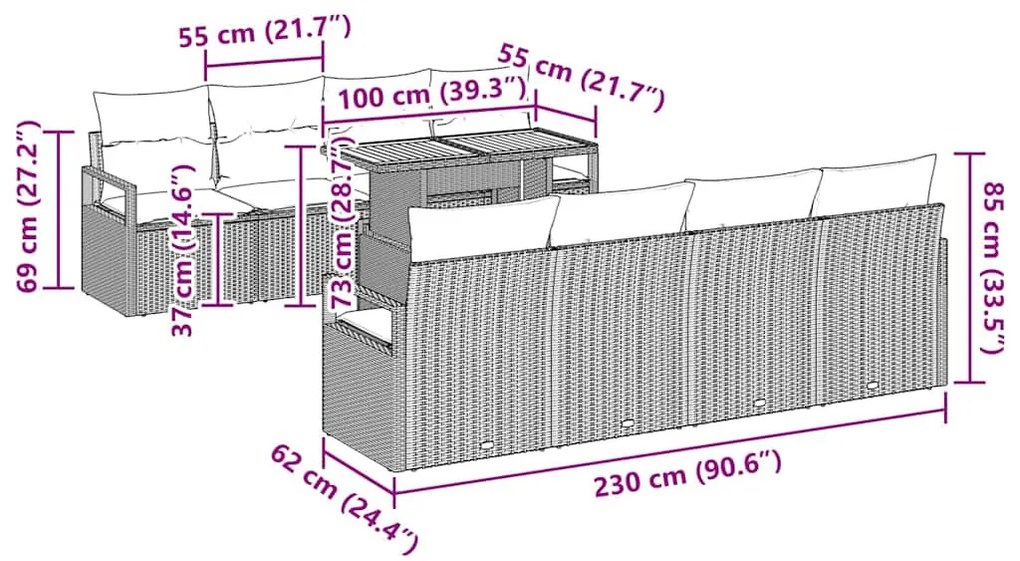 Kerti Kanapé Szett 9 pcs Szürke és Barna 100 x 55 x 73 cm