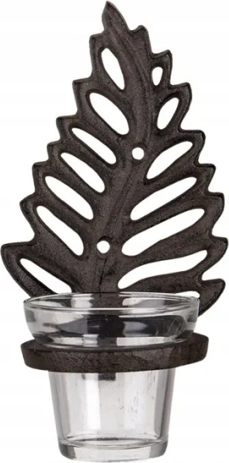 Barna-fekete öntöttvas levél alakú gyertyatartó 10x12x19 cm