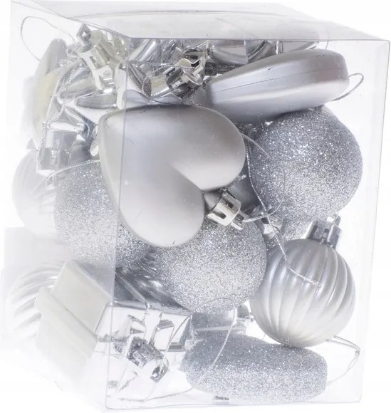 Ezüst karácsonyfadísz 24 db-os minta mix Karácsonyi dekoráció 4 cm