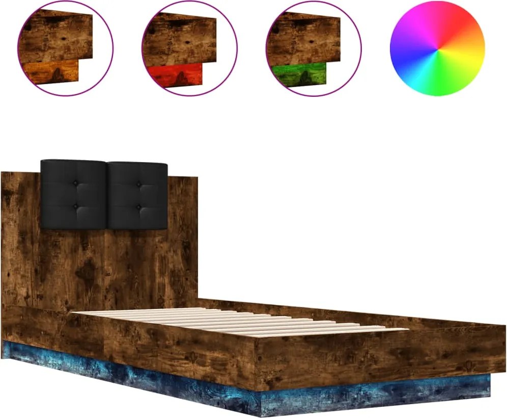 vidaXL füstös tölgy színű ágykeret fejtámlával és LED-ekkel 100x200 cm