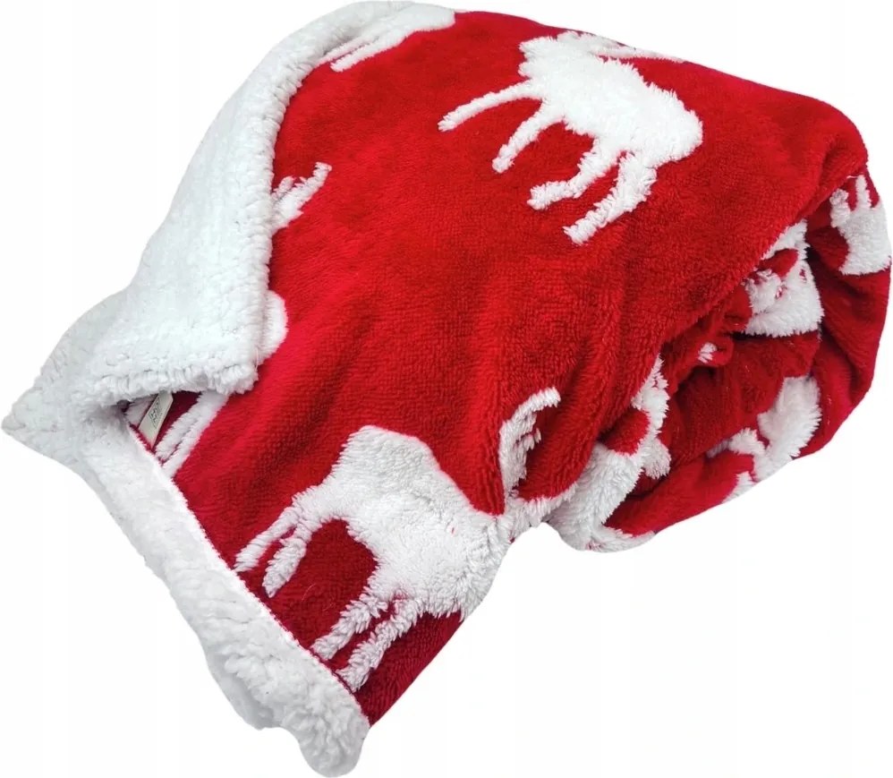 Mikroflanel takaró bárány, jávorszarvas, piros és fehér mintával