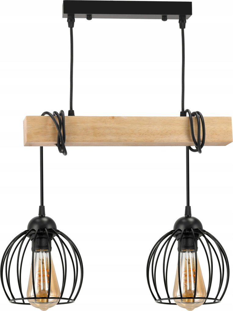 Mennyezeti lámpa Függő Led Fa gerenda 2x E27 Csillár Drót gömb