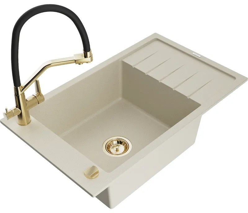 Mexen Elias egymedencés gránit mosogató csepegtetővel és Duo konyhai csapteleppel, bézs - 6511-69-671701-57-G