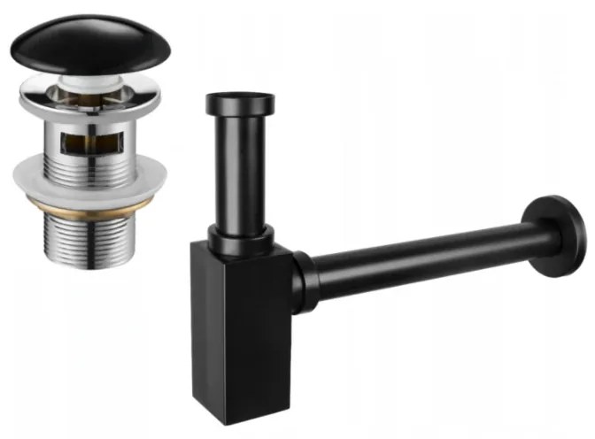 Mexen félszifon mosdókagylóhoz, négyzet alakú, kerámia klikk-klakk dugóval, túlfolyóval, fekete - 7992060-75