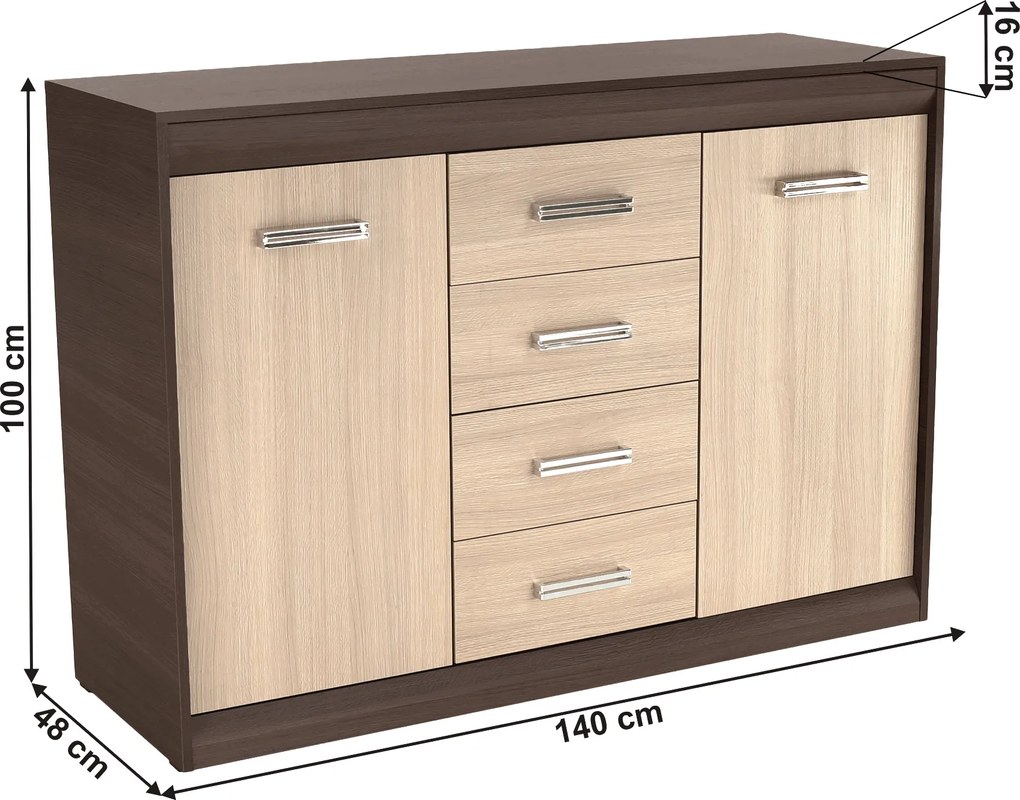 Komód, DTD/MDF, tölgy világos/tölgy sötét, KORINA