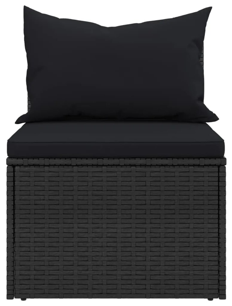 2 db fekete polyrattan kerti középső kanapé párnákkal