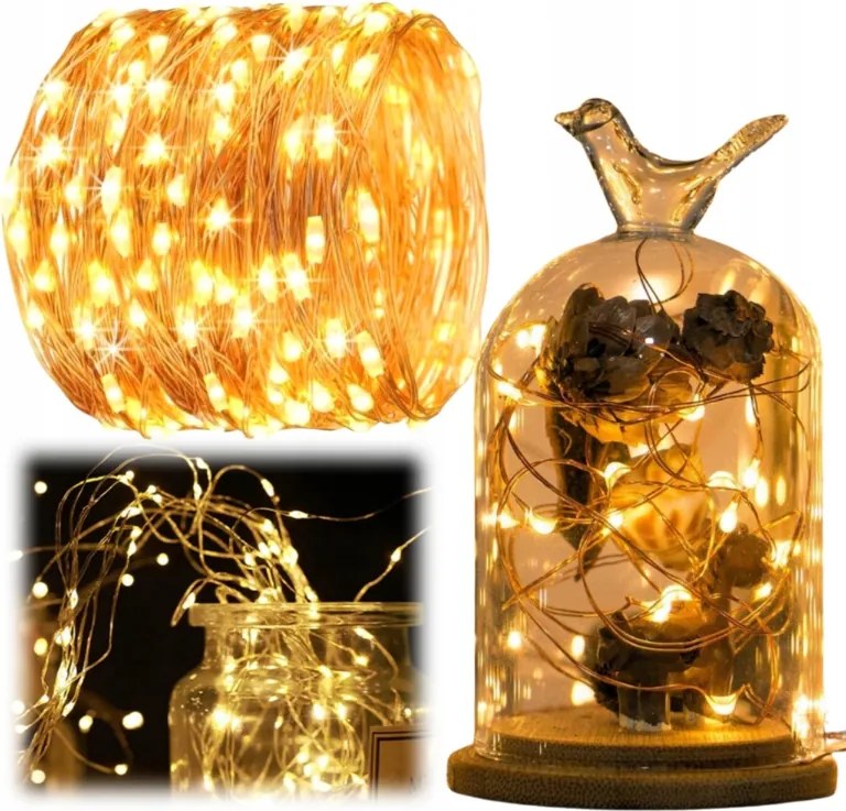 Drót Lámpa 100 Led Elemes Fehér Meleg 10m Karácsonyfa Fény