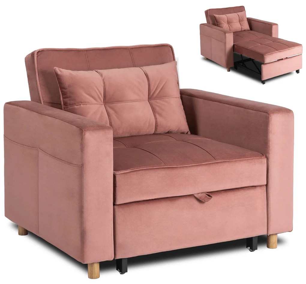 Ágyazható Fotel Rózsaszín Bársony Kárpittal. SOLOR