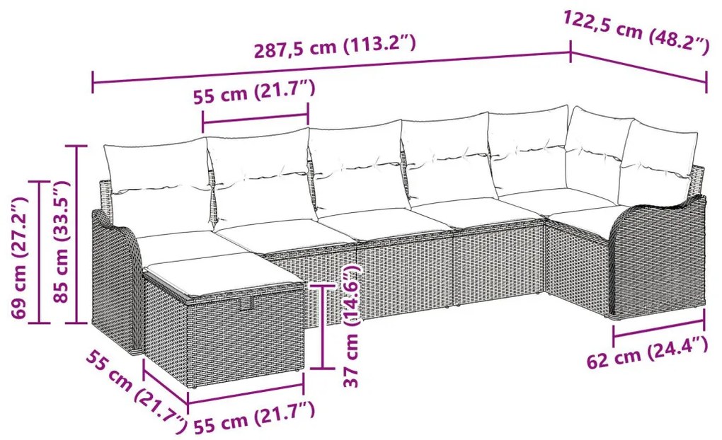 Kerti Kanapé Szett párnával 7 pcs Szürke 287.5 x 122.5 x 85 cm
